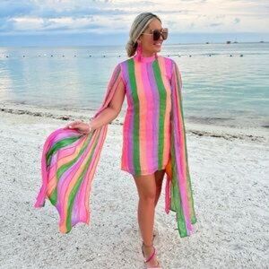 Sundress Mahina Long Cape Sleeve Metallic Striped Mini Dress XS